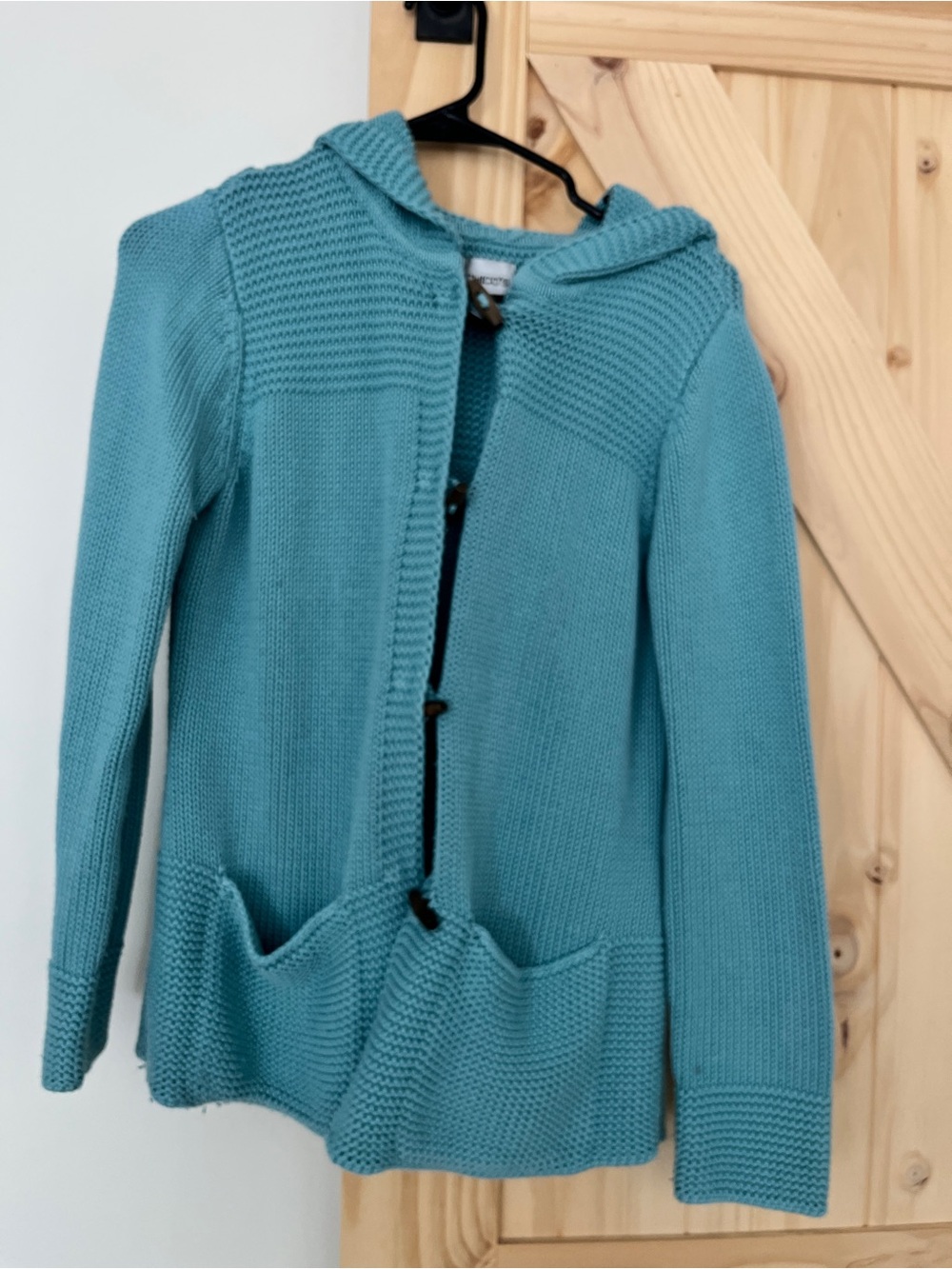 Chico’s Size 0 Aqua Blue Cotton Blend Hooded Toggle Cardigan Sweater